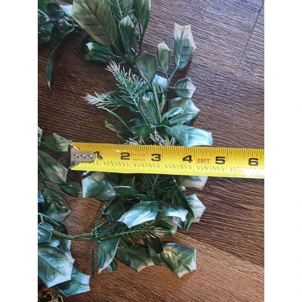 Vtg Mid Century Plastic Green Holly Red Berry Christmas Garland 7+ ft Pine Cones
